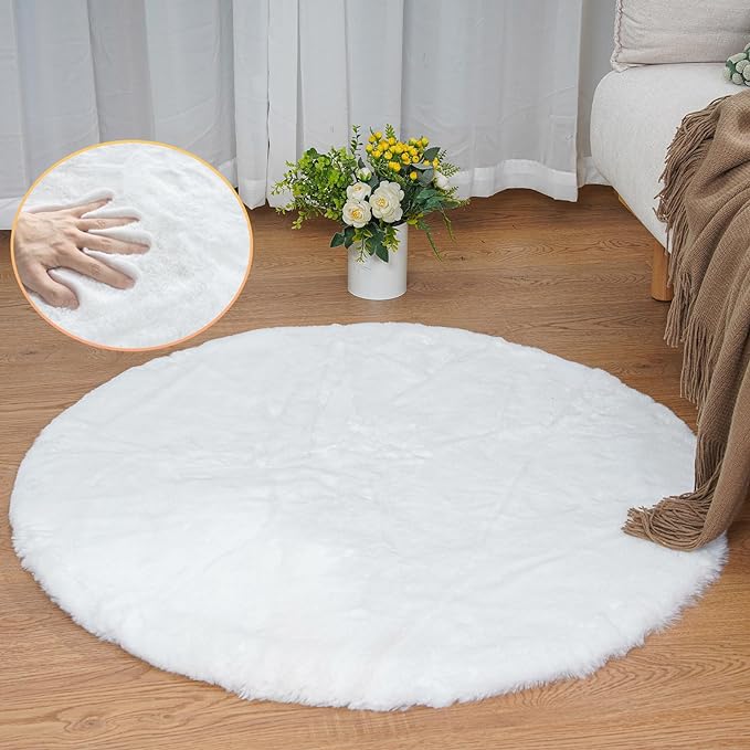 ORINOVA White Faux Rabbit Washable Fur Area Rugs Circle Rugs by ORINOVA