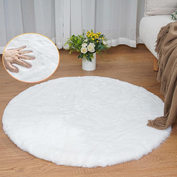 ORINOVA White Faux Fur Round Rug 4ft Fluffy Rabbit Fur Rug Machine Washable - Image 3