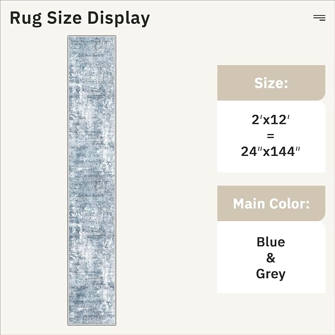 Soalmost Abstract Runner Rug 2x12 Hallway Kitchen Runners Blue/Grey | Stain - Image 5