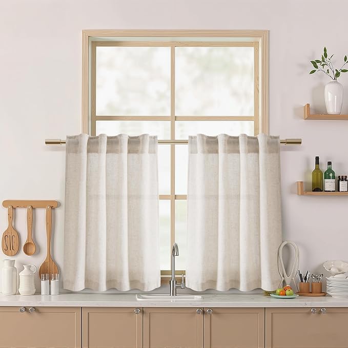 30 Inch Beige Curtains for Kitchen Linen Blend Rustic Farmhouse Short Curtain by Nanspring