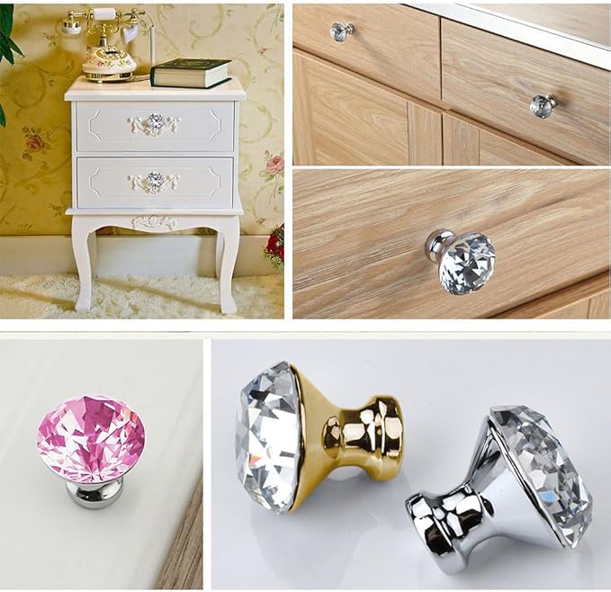 30mm Kitchen Cabinet Knobs Drawer Pull Handle Hardware, Crystal Clear Glass Round Diamond Shape Dresser Closet Bi-fold Door Bathroom Cupboard Desk Nightstand Furniture Decorative Drawer Knobs （12PCS）