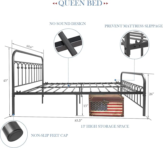 YALAXON Vintage Sturdy Queen Size Metal Bed Frame with Headboard and Footboard Basic Bed Frame No Box Spring Needed (Queen, Gray Silver)