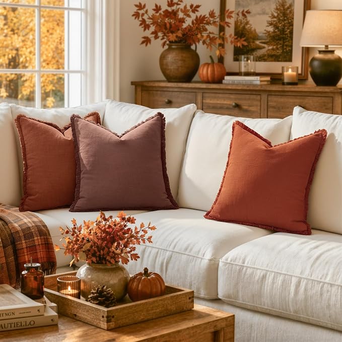 MIULEE Linen Fringe Decorative Fall Throw Pillow Covers Late Autumn 20x20 | Set - Image 5