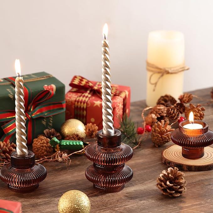 Taper Glass Candlestick Holders Tealight Candle Holders for Table Centerpieces, Fall Wedding Decor and Dinner Party Halloween Thanksgiving Decor (8 Pcs, Brown)