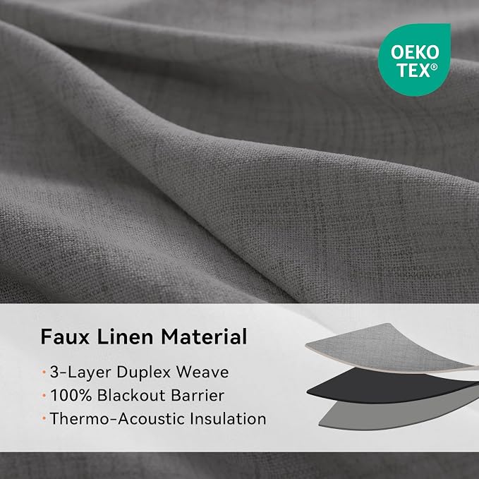 100% Blackout Linen Textured Curtains 84 Inch Long, Dark Gray | 100% Blackout - Image 4