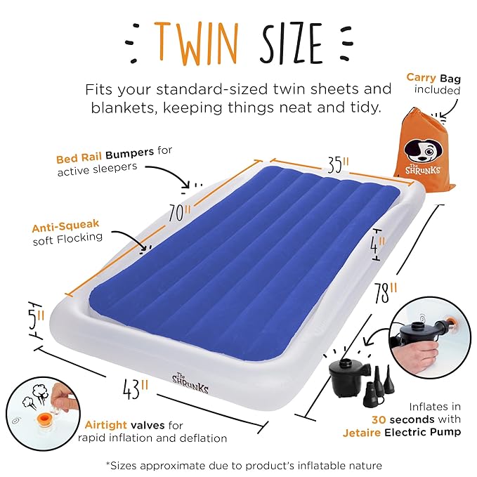 The Shrunks Twin Air Mattress Travel Bed for Kids and Adults with Pump Portable Inflatable Mattress Blow Up Air Bed for Travel, Camping or Sleepovers 78" x 43" - Blue