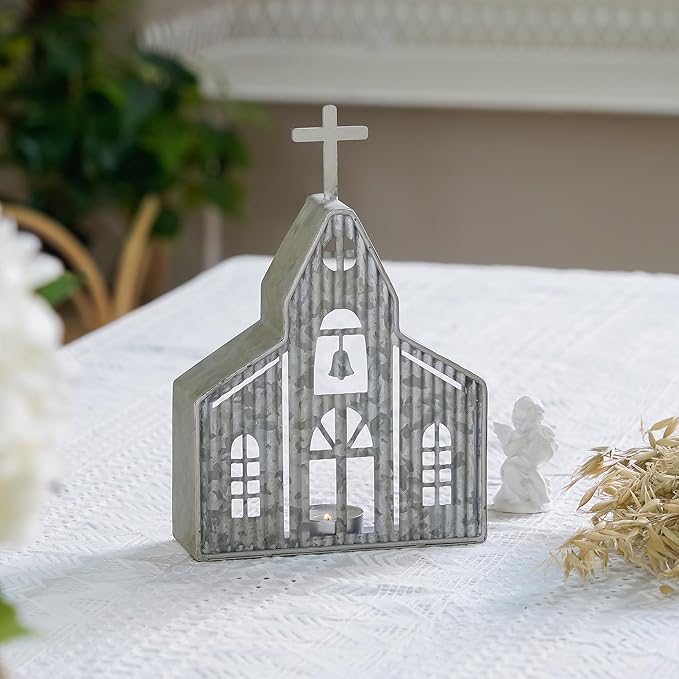 Church Shaped Tea Light Candle Holder Farmhouse Galvanized Metal Candle Holder Vintage Decorative Tealight Holder for Table Centerpiece Decoration - 6.22" x 1.97" x 9.25"