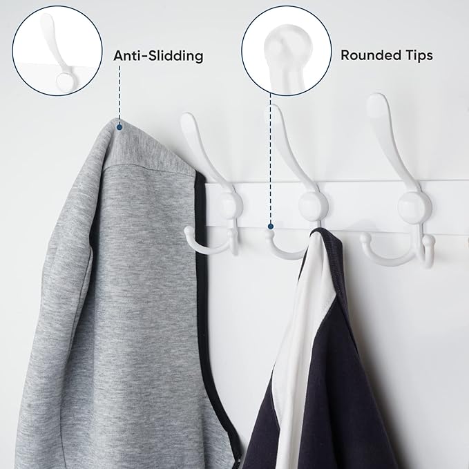 TICONN Wall Mounted Coat Rack, Five Heavy Duty Tri Hooks All Metal Construction for Jacket Coat Hat in Mudroom Entryway (White, 1-Pack)