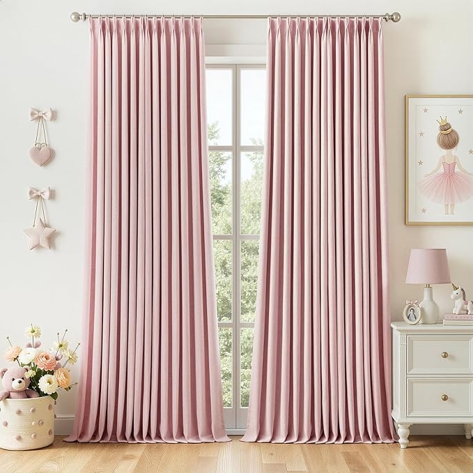 MIULEE Pink Pinch Pleated 100% Blackout Linen Curtains 40x84 Inches | Room by MIULEE