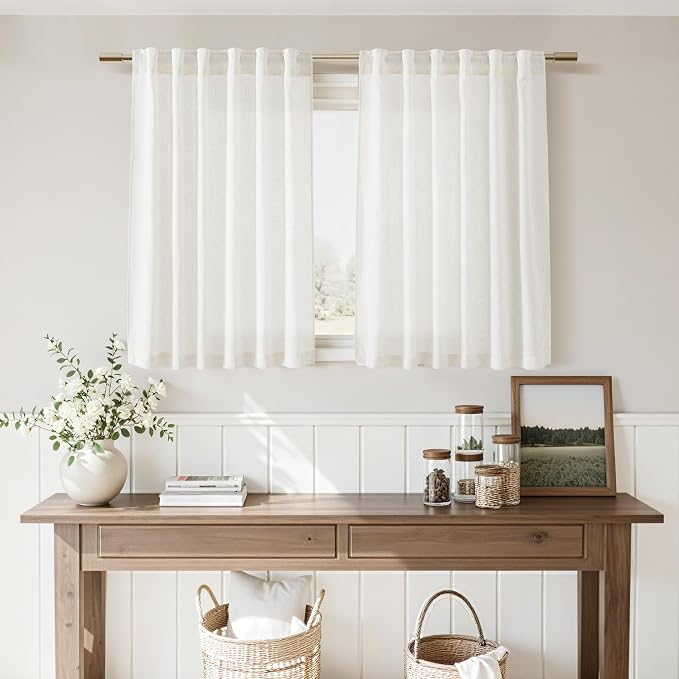 24 Inch Linen Curtains for Kitchen Beige White Small Window Semi Sheer Curtains - Image 7