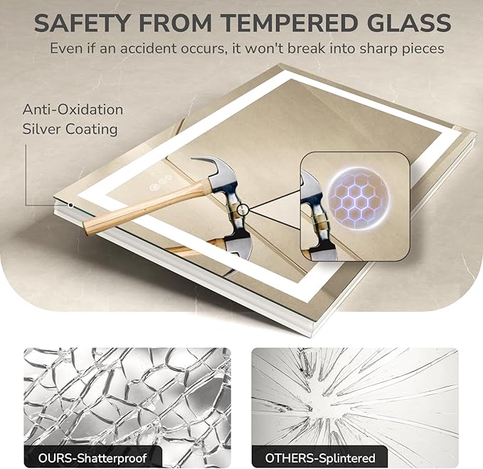 USHOWER LED Bathroom Mirror 20x28 Inch with Lights - Frameless Tempered Glass LED Backlit Lighted Mirror for Bathroom Vanity with Anti-Fog, 3 Colors Dimmable, Memory Function, Wall-Mounted