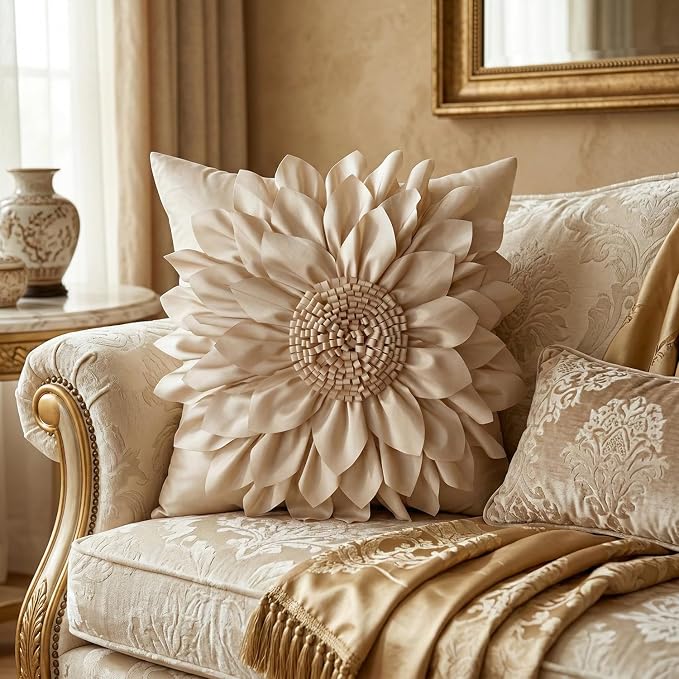 Beige Taupe Accent Flower Decorative Throw Pillow Covers - Image 3
