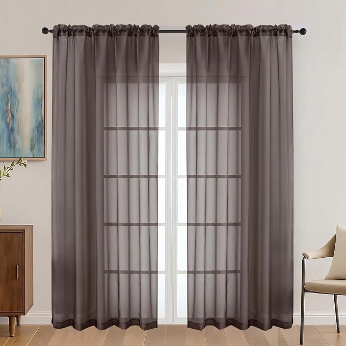 Chocolate Sheer Curtains 72 Inches Long 2 Panels Set, Light Filtering Sheer by OVZME