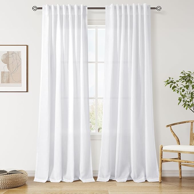 Snow White Linen Curtains 84 Inch Length 2 Panels Set by Nanspring