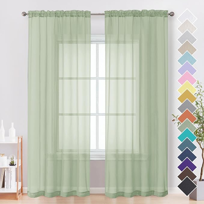 Light Green Sheer Curtains 90 Inches Long 2 Panels by OVZME