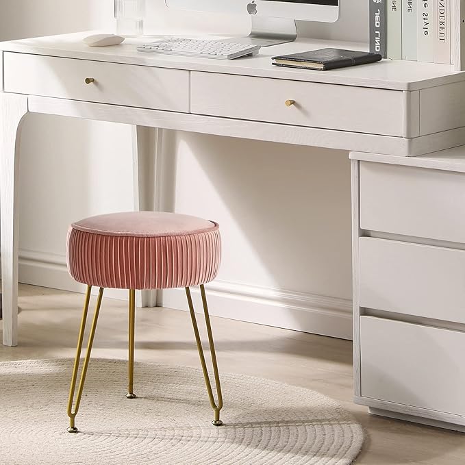 IBUYKE Velvet Round Footrest Ottoman, Makeup Vanity Stool Side Table, Velvet Dressing Table Seat, Pouf Couch Stool, Golden Steel Legs, Pink LG-30P