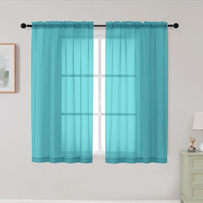 Turquoise Sheer Curtains for Bedroom Living Room 45 Inch Length 2 Panels by WelvetBLK