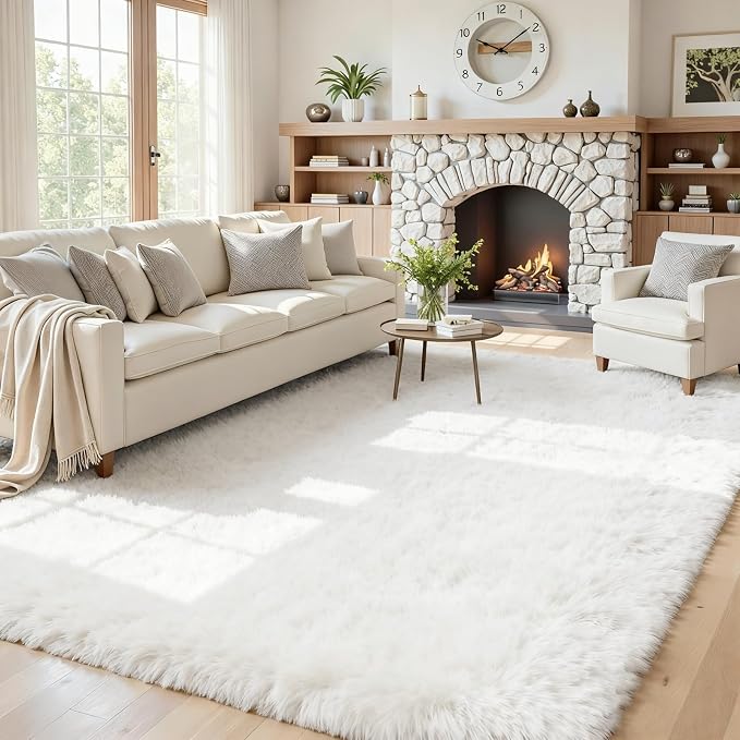5x7 Fluffy Shag Area Rugs for Living Room Bedroom: Soft Plush Carpet White | by CarpetAddColortoYourLife
