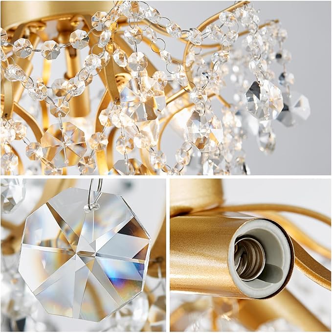 WUZUPS 5-Light Crystal Chandelier Flushmount Ceiling Light Modern Lighting Fixture for Bedroom Hallway Bar Kitchen Bathroom, H 12" W 15.4", E12 Base, Gold