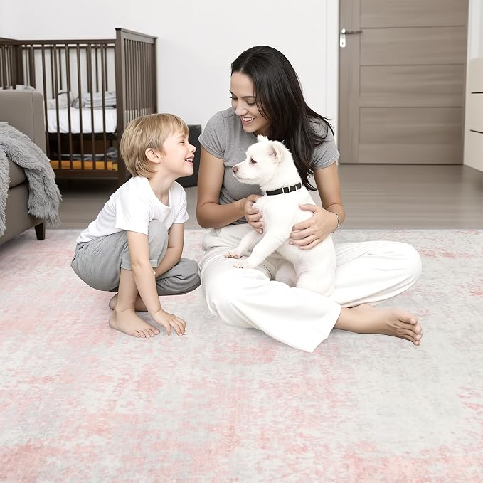 2x6 Washable Runner Rug：Modern Abstract Soft Carpet Pink White | - Image 2