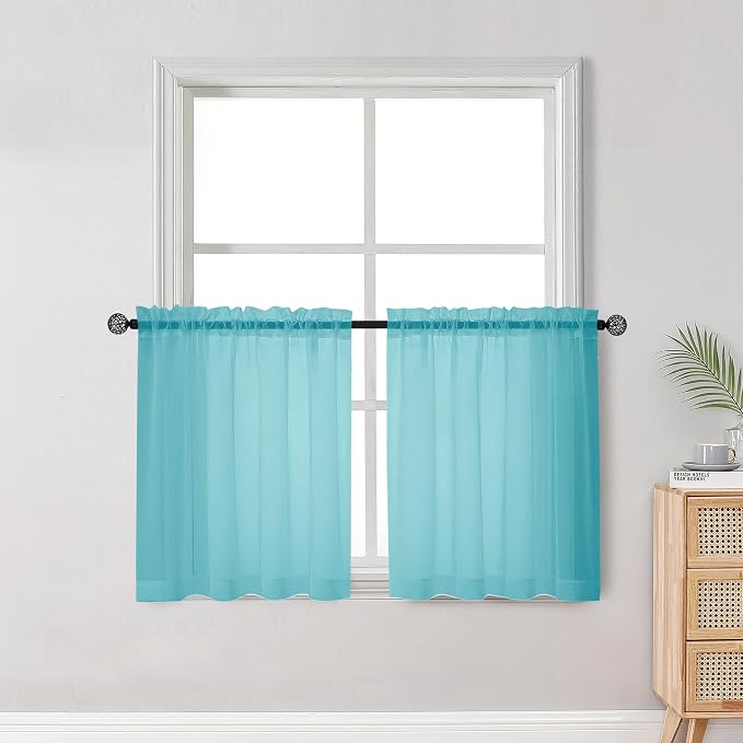 Short Aqua Sheer Curtains 30 Inch Length 2 Panels Set, Kitchen Curtains Tiers by OWENIE
