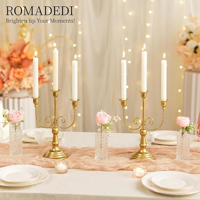 Romadedi Candelabra Gold Candle Holders - 3 Arm 11.8" Wedding Candlestick Holder for Theme Party Table Centerpiece Decor Dining Room Birthday Holiday Christmas, Set of 2