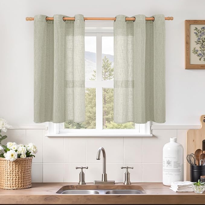 Short Linen Curtains 40 Inch Length, Sage Grey Small Window Semi Sheer Drapes by LAMIT