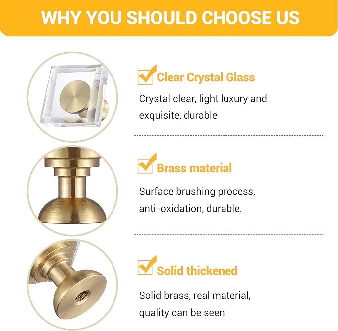 12-Pack 1-1/4-Inch White Cabinet Glass Crystal knobs Brass Drawer Round Knobs Dresser Pulls, Gold Hardware Kitchen Closet knobs for Bifold Doors (Square-1.2inch, 12-Pack)