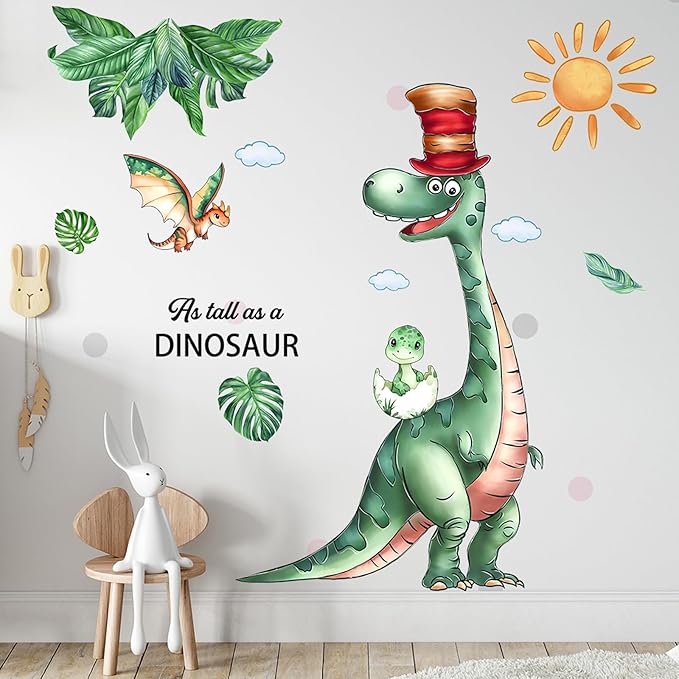 Summer Dinosaurs Wall Stickers Decals Kid Room Nursery Baby Bedroom Décor (Dinosaur with Hat)