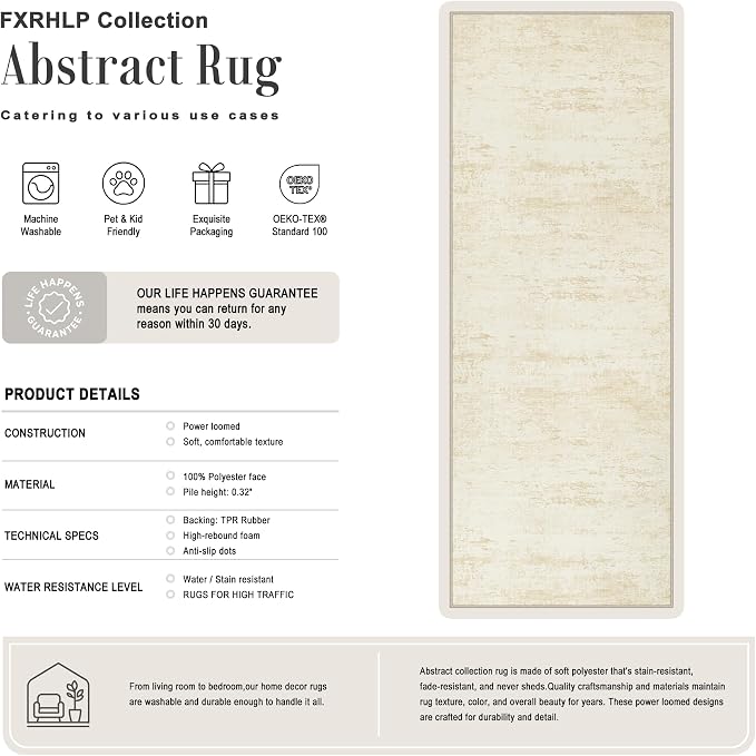 2.6x14 Washable Runner Rug:Modern Abstract Indoor Soft Carpet Beige | - Image 2
