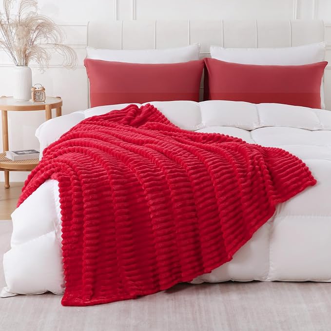 Cherry Red Throw Blanket for Couch Sofa 60x80 inches Striped Design | Fleece - Image 5