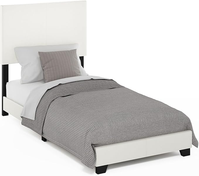 Furinno Pessac Upholstered Bed Frame, White PU Leather, Twin XL