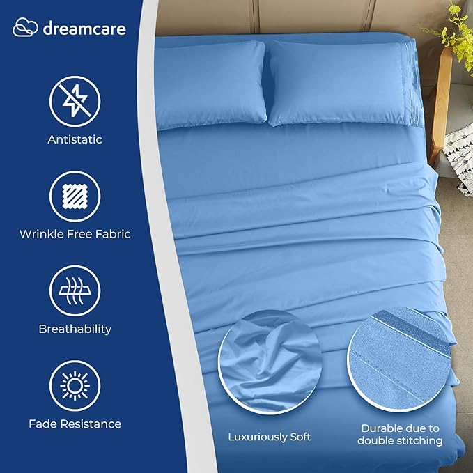 DREAMCARE Queen Sheet Set – 4 pcs Cooling Sheets – up to 21” Extra Deep Pocket Queen Sheets – Hotel Luxury Sheets & Pillowcases – Superior Softness 100% Fine Microfiber with Side Pocket – Light Blue