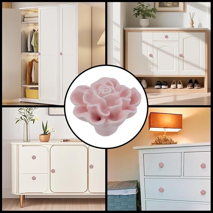 4PCS 1.65" × 1.3" Ceramics Light Pink Rose Knobs Flower Shaped Drawer Pulls for Cupboard with 2 Kinds of Screws