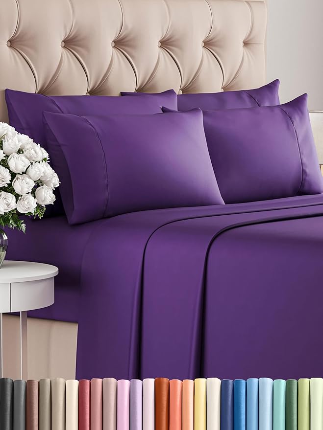 Queen 6 Piece Sheet Set - Comfy Breathable & Cooling - Ultra Soft Hotel Luxury Bedding Set w/ 8-16 Inch Deep Pockets - 1 Flat & 1 Fitted Sheet & 4 Pillowcases - Cozy, Wrinkle Free & Easy Care - Purple