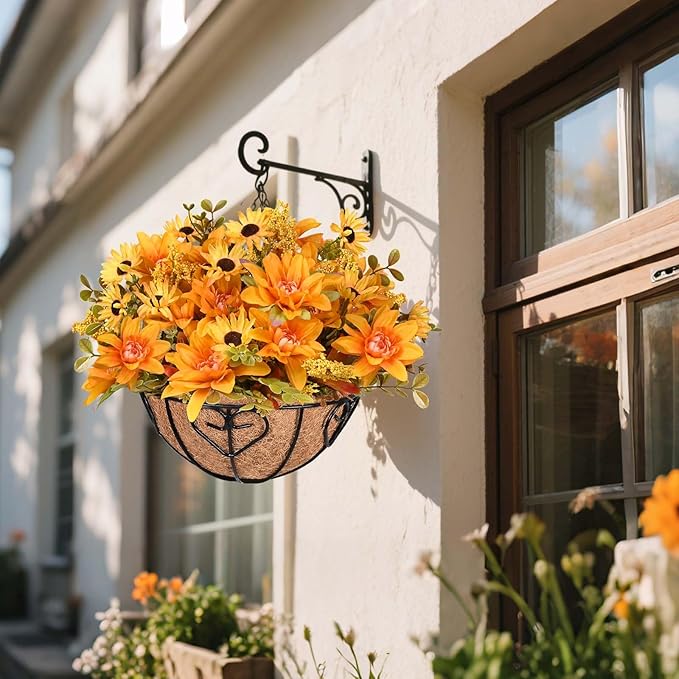 Waipfaru Artificial Fake Fall Hanging Mums Plants Flowers Basket for Outdoor, Faux Mums Floral Hanging Plant in Hang Planter Look Real UV Resistant for Porch Patio Balcony Yard Outdoor Decor (1Pcs)
