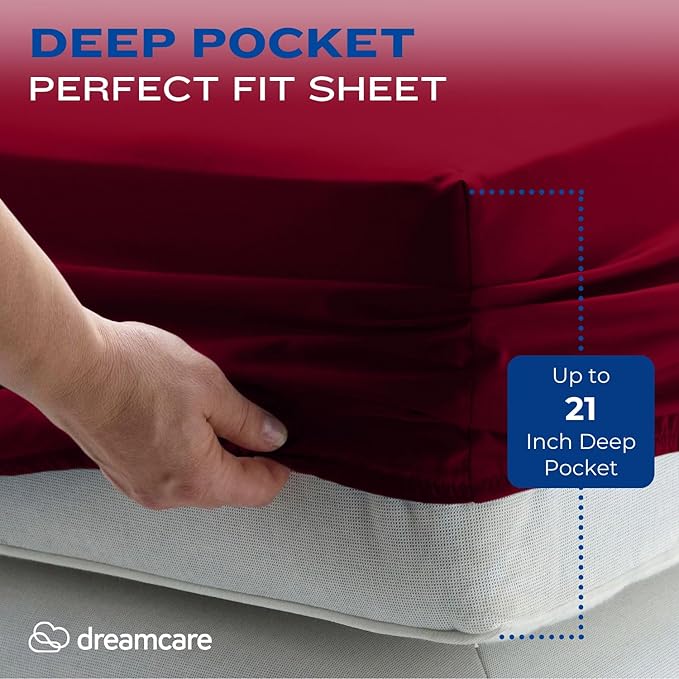 DREAMCARE King Size Sheets Set – 4 pcs Cooling Sheets – up to 21” Deep Pocket King Sheet Set – Hotel Luxury Sheets & Pillowcases – Superior Softness 100% Fine Microfiber with Side Pocket – Burgundy