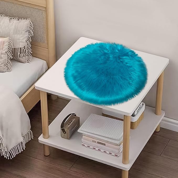 1.3ft Small Round Blue Rug, Thick Furry Fluffy Carpet - Image 6