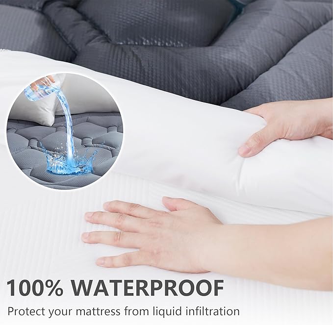 Full Size Mattress Pad Waterproof, Cooling Mattress Topper for Double Bed, Pillow Top Quilted Fitted Mattress Protector Cover with 8-21" Deep Pocket (54x75 inch, Grey)