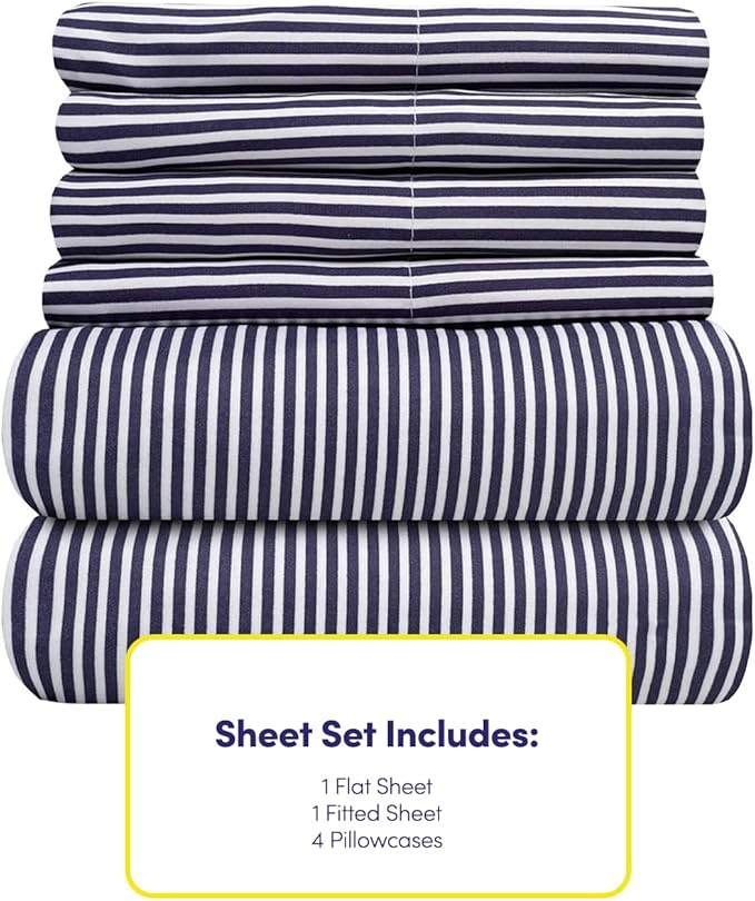 Full Size Bed Sheets - 6 Piece 1500 Supreme Collection Fine Brushed Microfiber Deep Pocket Full Sheet Set Bedding - 2 Extra Pillow Cases, Great Value, Full, Classic Stripe Navy