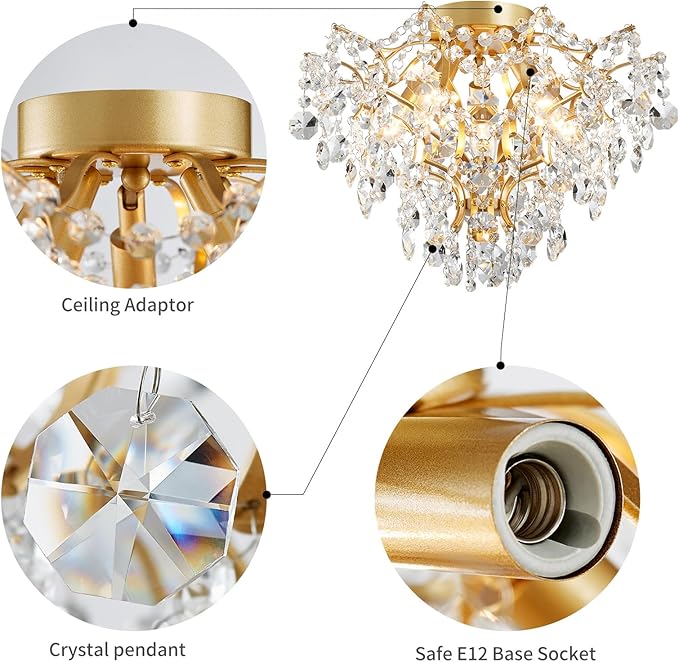 WUZUPS 5-Light Crystal Chandelier Flushmount Ceiling Light Modern Lighting Fixture for Bedroom Hallway Bar Kitchen Bathroom, H 12" W 15.4", E12 Base, Gold