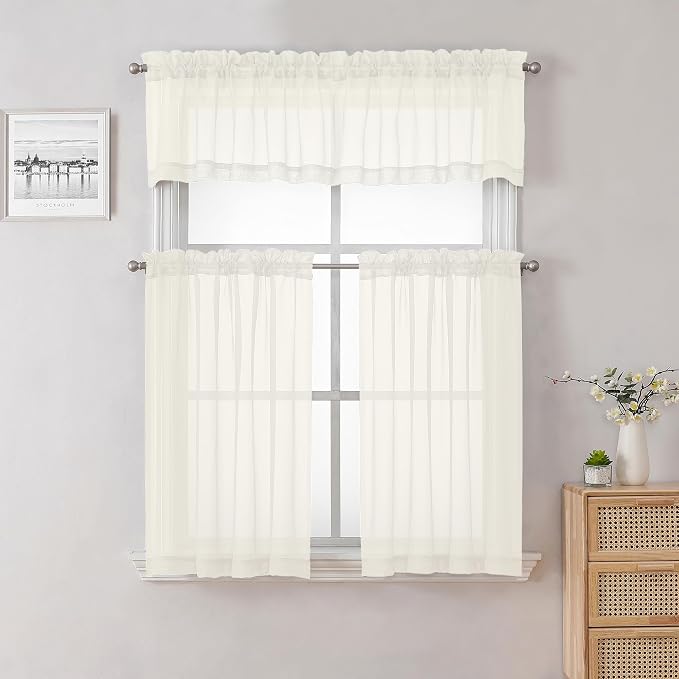 Ivory Sheer Valances for Windows 18 Inch Length 2 Pcs, Cafe Kitchen Curtains - Image 6