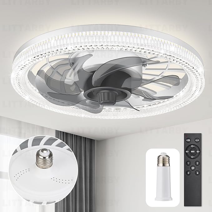 Ceiling Fans with Lights, Socket Fan Light with Remote Control, Dimmable Brightness 3000K-6500K Memory, Socket Modern Flush Mount Low Profile Ceiling Fan for Bedroom, Small Living Room, Kitchen White