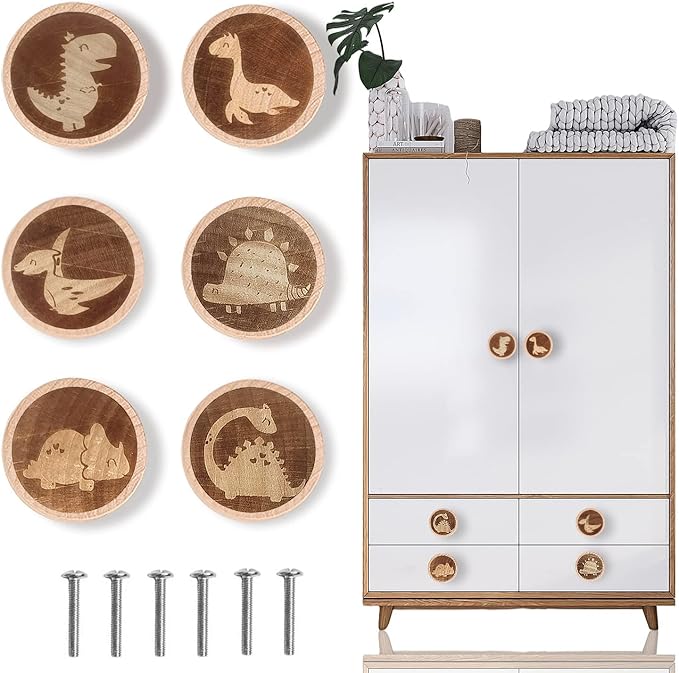 6 Pack Dinosaur Dresser Knobs 40MM/1.57" Wooden Animal Cabinet Knobs for Nursery Room Kids Drawer Pull Handles with Screws