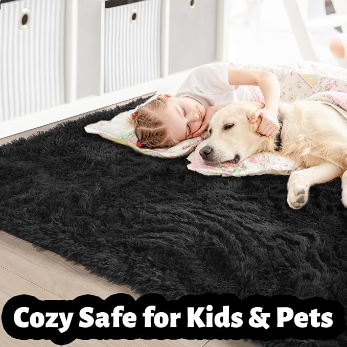 Amdrebio Black Big Shag Kids Area Rug 6x9 - Image 2