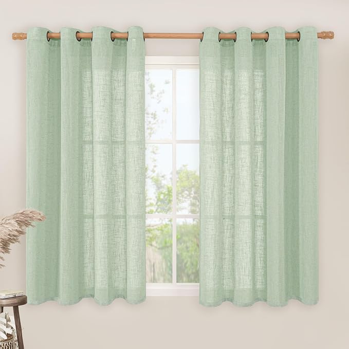 Fresh Green Linen Curtains 54 Inch Length 2 Panels, Light Filtering Semi Sheer by LAMIT