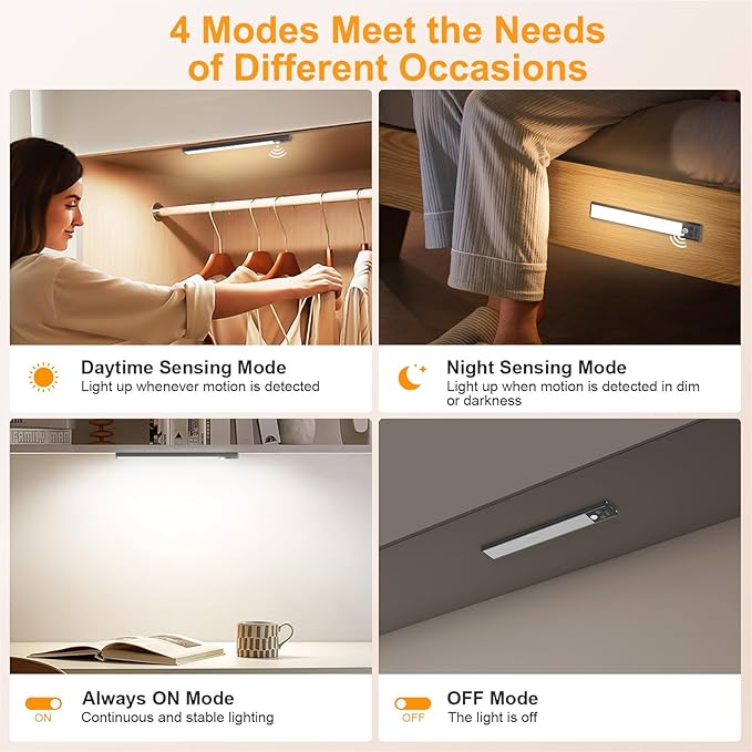 Gritin 10.2inch Under Cabinet Lighting Rechargeable -84 LED Super Bright,3-Color& 5 Level Brightness,4 Modes,Motion Sensor, Long Lasting- Easy Installation Magnetic Closet Lights -2 Pack-Black