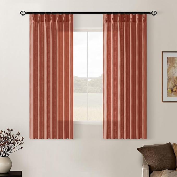 Pinch Pleated Linen Semi Sheer Curtains 45 Inch Length 2 Panels Firebrick | by Twodrapes