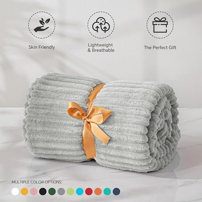 BEDELITE 3D Ribbed Light Grey Fleece Throw Blanket - Image 5