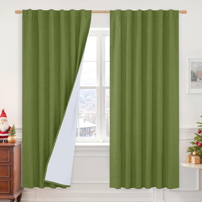 Sage Green 100% Blackout Linen Curtains 80 Inch by LAMIT